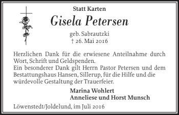 Traueranzeige von Gisela Petersen von Husumer Nachrichten