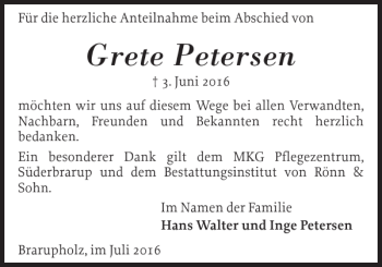 Traueranzeige von Grete Petersen von Flensburger Tageblatt