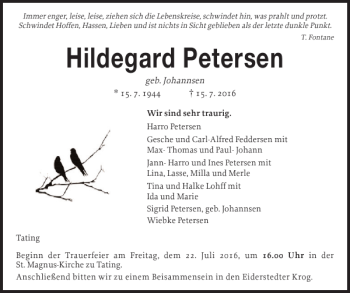 Traueranzeige von Hildegard Petersen von Husumer Nachrichten