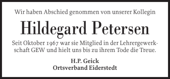 Traueranzeige von Hildegard Petersen von Husumer Nachrichten