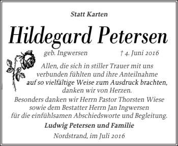 Traueranzeige von Hildegard Petersen von Husumer Nachrichten