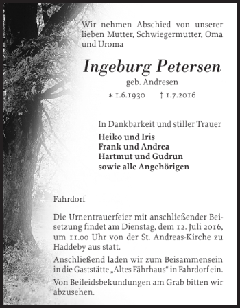 Traueranzeige von Ingeburg Petersen von Schleswiger Nachrichten
