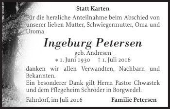 Traueranzeige von Ingeburg Petersen von Schleswiger Nachrichten