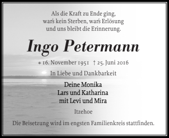 Traueranzeige von Ingo Petermann von Norddeutsche Rundschau