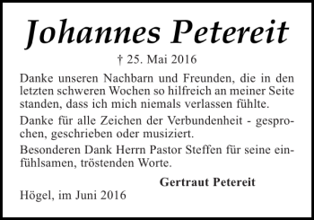 Traueranzeige von Johannes Petereit von Husumer Nachrichten