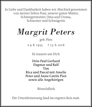 Traueranzeige von Margrit Peters von Norddeutsche Rundschau