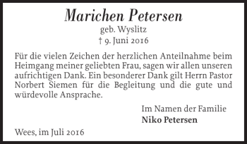 Traueranzeige von Marichen Petersen von Flensburger Tageblatt