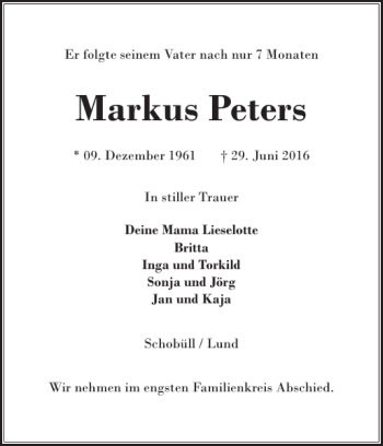 Traueranzeige von Markus Peters von Husumer Nachrichten