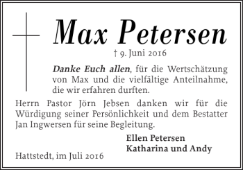 Traueranzeige von Max Petersen von Husumer Nachrichten