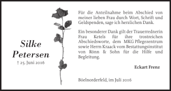 Traueranzeige von Silke Petersen von Flensburger Tageblatt
