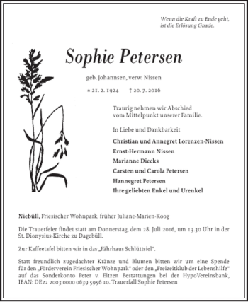 Traueranzeige von Sophie Petersen von Husumer Nachrichten