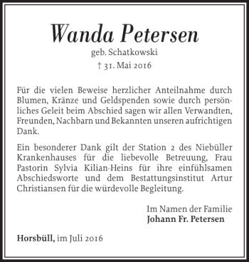 Traueranzeige von Wanda Petersen von Nordfriesland Tageblatt