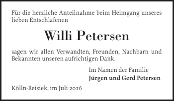 Traueranzeige von Willi Petersen von Elmshorner Nachrichten