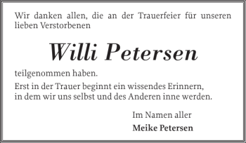 Traueranzeige von Willi Petersen von Eckernförder Zeitung