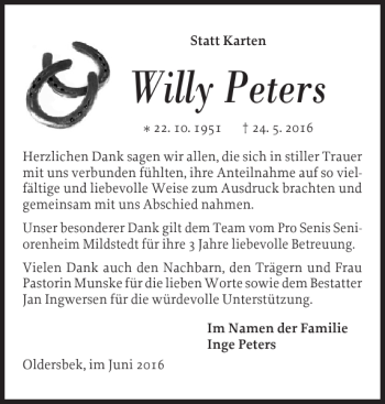 Traueranzeige von Willy Peters von Husumer Nachrichten