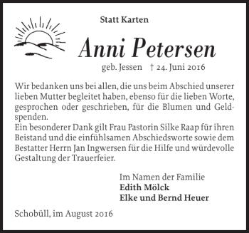 Traueranzeige von Anni Petersen von Husumer Nachrichten