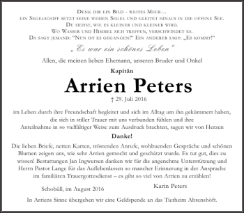 Traueranzeige von Arrien Peters von Husumer Nachrichten