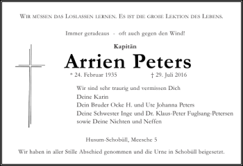 Traueranzeige von Arrien Peters von Husumer Nachrichten