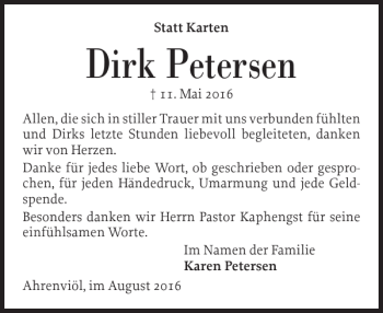 Traueranzeige von Dirk Petersen von Flensburger Tageblatt