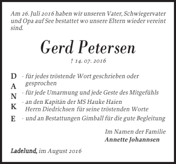 Traueranzeige von Gerd Petersen von Nordfriesland Tageblatt