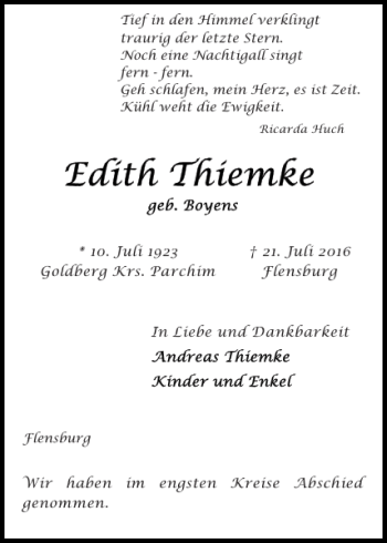 Traueranzeige von Goldberg Krs. Parchim Flensburg und haben im  von Flensburger Tageblatt