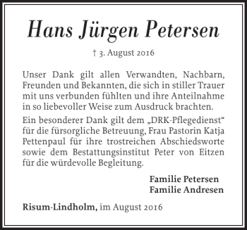 Traueranzeige von Hans Jürgen Petersen von Nordfriesland Tageblatt