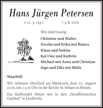 Traueranzeige von Hans Jürgen Petersen von Nordfriesland Tageblatt