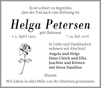 Traueranzeige von Helga Petersen von Husumer Nachrichten