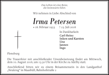 Traueranzeige von Irma Petersen von Flensburger Tageblatt