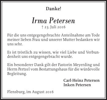 Traueranzeige von Irma Petersen von Flensburger Tageblatt