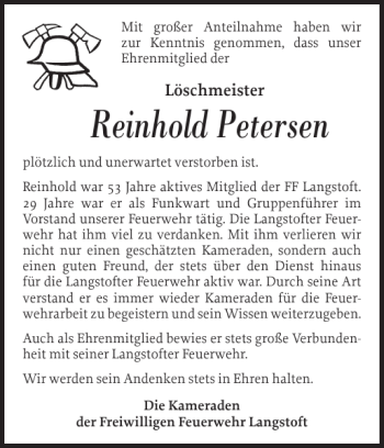 Traueranzeige von Reinhold Petersen von Nordfriesland Tageblatt
