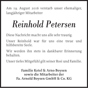 Traueranzeige von Reinhold Petersen von Nordfriesland Tageblatt