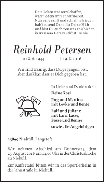 Traueranzeige von Reinhold Petersen von Husumer Nachrichten