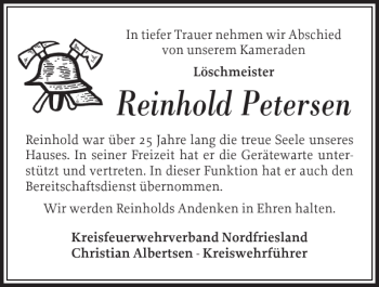 Traueranzeige von Reinhold Petersen von Husumer Nachrichten