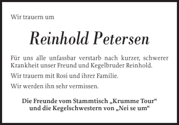 Traueranzeige von Reinhold Petersen von Nordfriesland Tageblatt