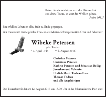 Traueranzeige von Wibeke Petersen von Ostholsteiner Anzeiger