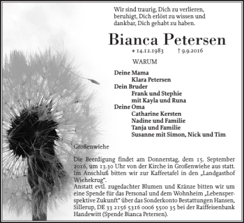 Traueranzeige von Bianca Petersen von Flensburger Tageblatt