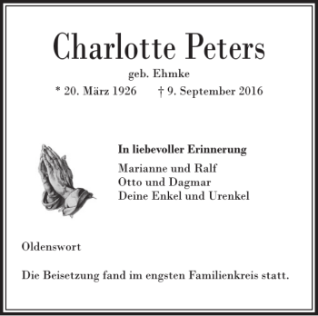 Traueranzeige von Charlotte Peters von Husumer Nachrichten