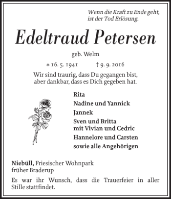 Traueranzeige von Edeltraud Petersen von Nordfriesland Tageblatt