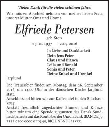 Traueranzeige von Elfriede Petersen von Flensburger Tageblatt