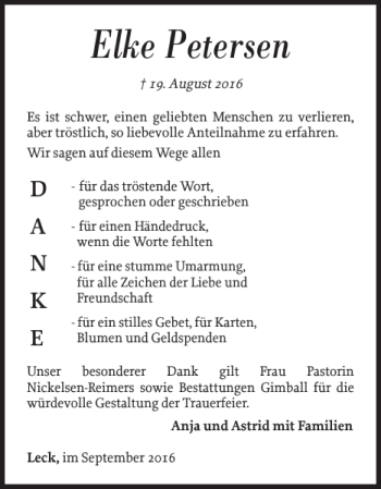 Traueranzeige von Elke Petersen von Nordfriesland Tageblatt