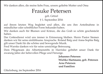 Traueranzeige von Frauke Petersen von Flensburger Tageblatt