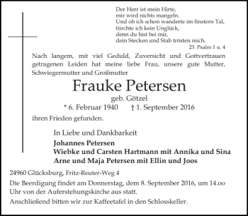 Traueranzeige von Frauke Petersen von Flensburger Tageblatt