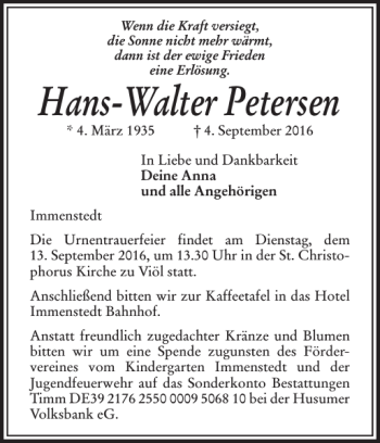 Traueranzeige von Hans-Walter Petersen von Husumer Nachrichten
