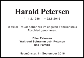 Traueranzeige von Harald Petersen von Holsteinischer Courier