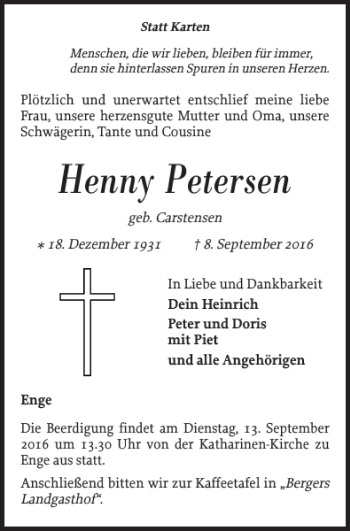 Traueranzeige von Henny Petersen von Nordfriesland Tageblatt