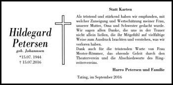 Traueranzeige von Hildegard Petersen von Flensburger Tageblatt