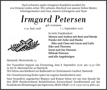 Traueranzeige von Irmgard Petersen von Husumer Nachrichten