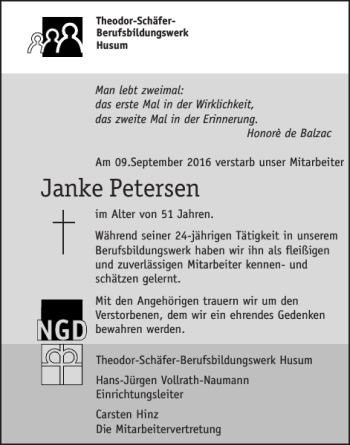 Traueranzeige von Janke Petersen von Husumer Nachrichten