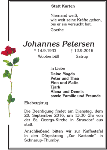 Traueranzeige von Johannes Petersen von Flensburger Tageblatt